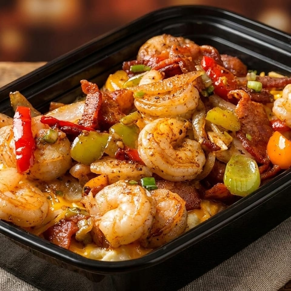 Shrimp and grits with bacon, peppers, and onions in a black to-go container.