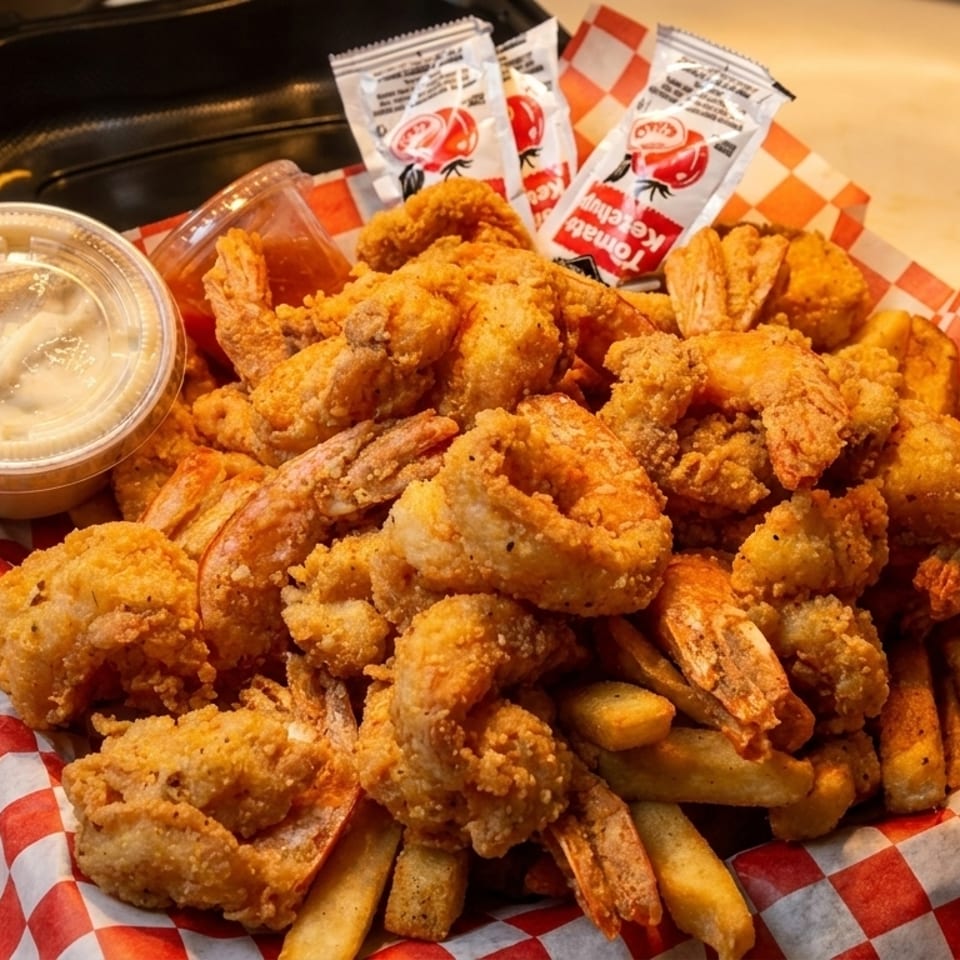 A basket of crispy fried shrimp and french fries with dipping sauces on red and white checkered paper.
