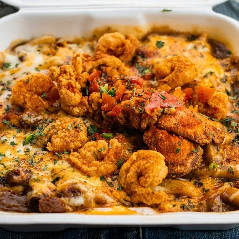 A takeout container filled with cheesy mac and cheese topped with fried shrimp and diced tomatoes.