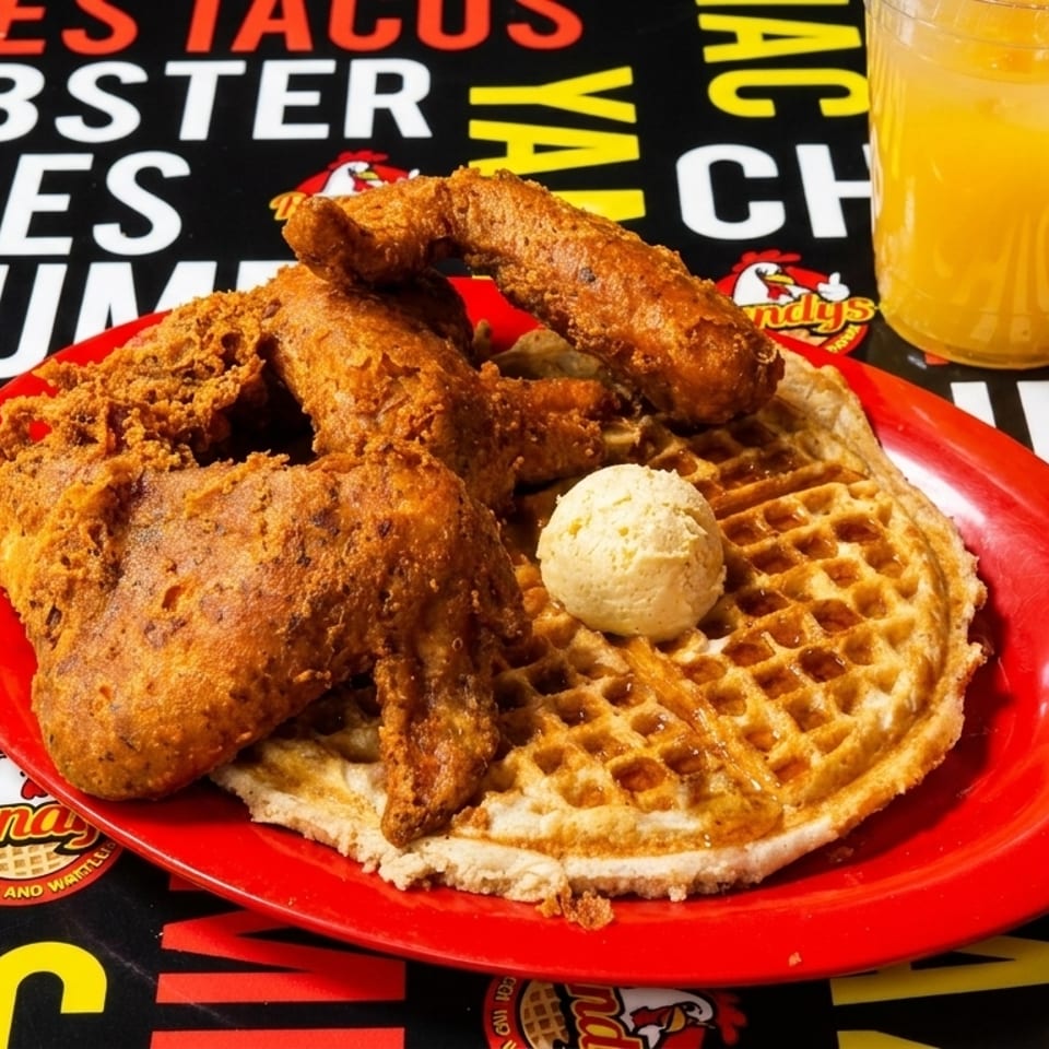 Randy's Chicken and Waffles meal with fried chicken, waffle, butter, and orange juice.
