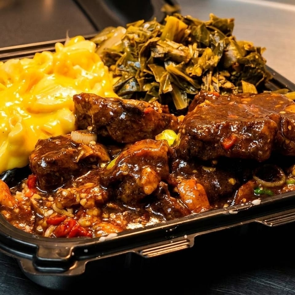 A takeout container filled with braised short ribs, macaroni and cheese, and collard greens.
