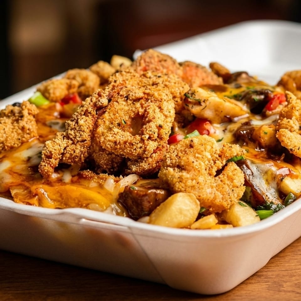 Crispy fried shrimp and chicken over fries, melted cheese, and vegetables in a takeout container.